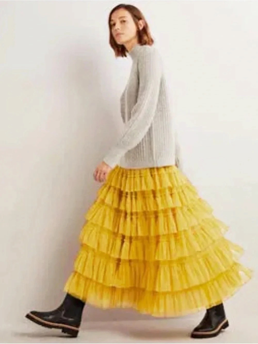 Boden Ruffle Tulle Midi Skirt Yellow XL (14)